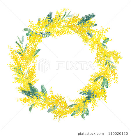 Circular decorative frame with mimosa watercolor illustration. Image background of "International Women's Day". 110020120
