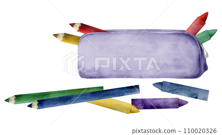 Watercolor hand drawn illustration, kids children painting materials supplies, pencil case with color pencils crayons. Composition isolated on white. School, kindergarten, party, cards, website, shop 110020326
