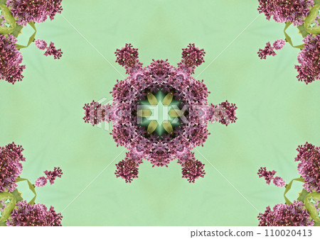 Collage of lilac flowers arranged in a star. Background image. Wallpaper. A collage of one photo repeated nine times in the GIMP photo editor. 110020413