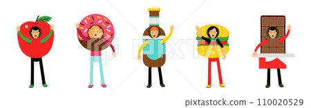 People Character Wearing Food Costumes Standing and Waving Hand Vector Illustration Set People Character Wearing Food Costumes Standing and Waving Hand Vector Illustration Set 110020529