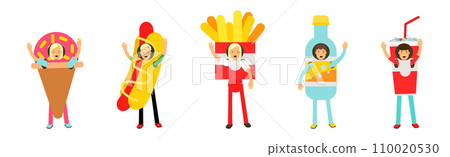 People Character Wearing Food Costumes Standing and Waving Hand Vector Illustration Set People Character Wearing Food Costumes Standing and Waving Hand Vector Illustration Set 110020530