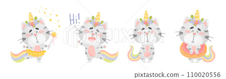 Cute Cat Unicorn Character with Rainbow Tail Vector Set Cute Cat Unicorn Character with Rainbow Tail Vector Set 110020556
