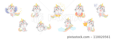 Cute Cat Unicorn Character with Rainbow Tail Vector Set Cute Cat Unicorn Character with Rainbow Tail Vector Set 110020561