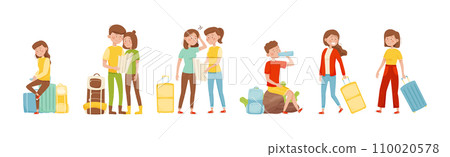 People Characters Travel with Suitcases Enjoy Tourism and Journey Vector Set 110020578