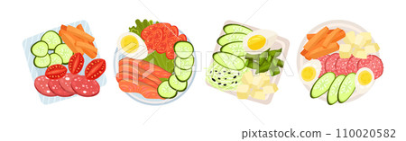 Sliced and Cut Vegetables, Wurst, Cheese and Fish Served on Plate Above View Vector Set 110020582