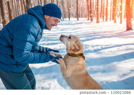 Man and dog are best friends. Man plays with a dog in a snowy forest on a winter sunny day Man and dog are best friends. Man plays with a dog in a snowy forest on a winter sunny day 110021066