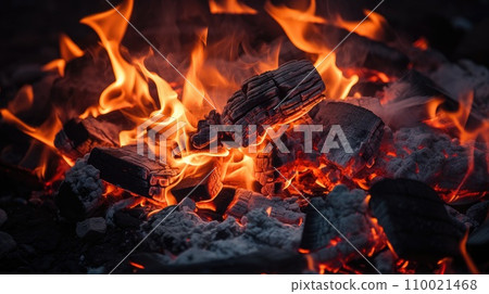 AI-generated content. Burning firewood and coals of a fire close up 110021468
