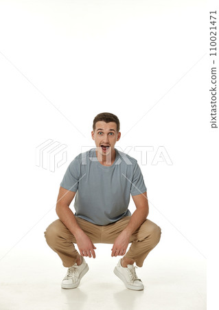 surprised guy looking at camera on white studio background surprised guy looking at camera on white studio background 110021471