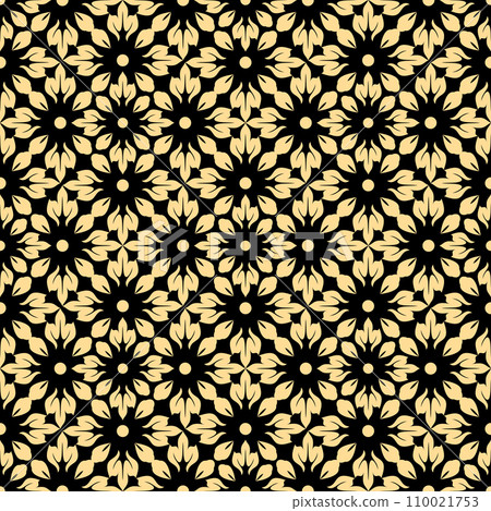 Flower geometric pattern. Seamless vector background. Gold and black ornament. Ornament for fabric, wallpaper, packaging. Decorative print Flower geometric pattern. Seamless vector background. Gold and black ornament. Ornament for fabric, wallpaper, packaging. Decorative print 110021753