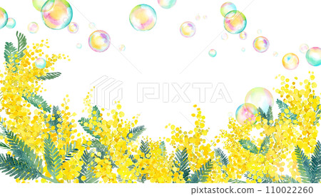 含羞草和肥皂泡的水彩插圖。春季裝飾框架。 （向量。佈局可以更改） 110022260