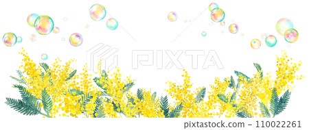 含羞草和肥皂泡的水彩插圖。春季裝飾框架。寬尺寸（向量。佈局可以更改） 110022261