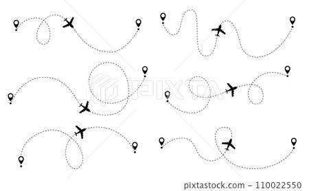 Airplane dotted route line set. Path travel line shapes. Flight route with start point and dash line trace for plane isolated vector illustration Airplane dotted route line set. Path travel line shapes. Flight route with start point and dash line trace for plane isolated vector illustration 110022550