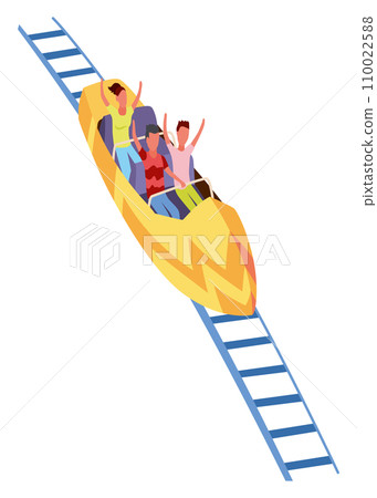 Roller coaster happy people. Rollercoaster. Friends riding in amusement park have fun positive emotion, park attractions. Young people having fun and enjoyment, cartoon vector illustration 110022588