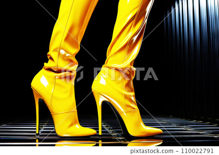 Bright yellow luminous high-heeled rubber boots against a dark background 110022791