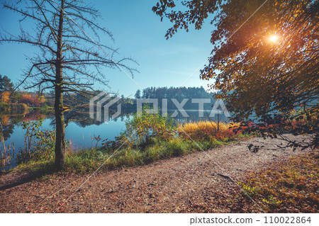 View of the lake on an autumn sunny day View of the lake on an autumn sunny day 110022864