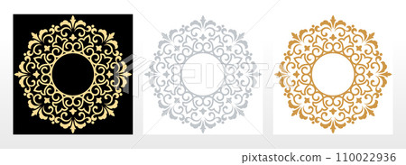 Set of decorative frames Elegant vector element for design in Eastern style, place for text. Floral black, gold and gray borders. Lace illustration for invitations and greeting cards Set of decorative frames Elegant vector element for design in Eastern style, place for text. Floral black, gold and gray borders. Lace illustration for invitations and greeting cards 110022936