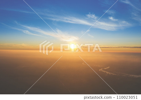Rural landscape in the misty morning. Aerial view of the countryside during sunrise 110023051