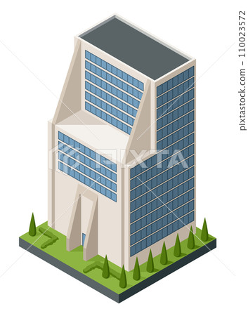 Isometric offices or business center icon. Town apartment building city map creation. Architectural vector 3d illustration. Infographic element. City house composition 110023572