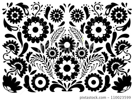 Mexican flower traditional pattern background in coloring style. Ethnic embroidery decoration ornament. Flower symmetry texture. Festive mexican floral motif. Vector illustration Mexican flower traditional pattern background in coloring style. Ethnic embroidery decoration ornament. Flower symmetry texture. Festive mexican floral motif. Vector illustration 110023599
