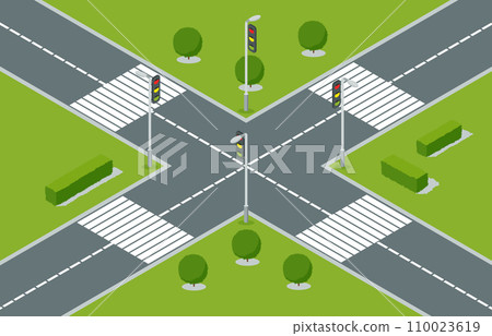 City crossroad isometric view with road markings, traffic lights pedestrian zebra crossing. Urban traffic map for transport, vector graphic design elements. Empty road without cars City crossroad isometric view with road markings, traffic lights pedestrian zebra crossing. Urban traffic map for transport, vector graphic design elements. Empty road without cars 110023619