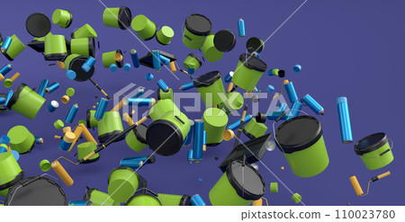 Many of flying plastic cans or buckets with paint roller, brush on violet Many of flying plastic cans or buckets with paint roller, brush on violet 110023780