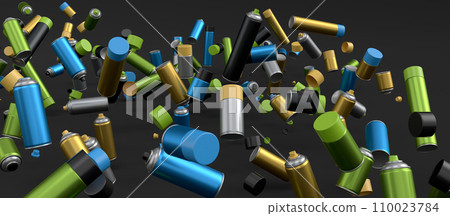 Lots of flying spray paint cans on black background. Spray bottle and dispenser 110023784