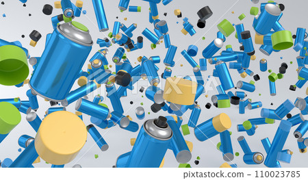 Lots of flying spray paint cans on white background. Spray bottle and dispenser Lots of flying spray paint cans on white background. Spray bottle and dispenser 110023785