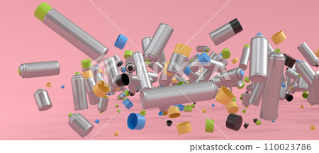 Lots of flying spray paint cans on pink background. Spray bottle and dispenser 110023786