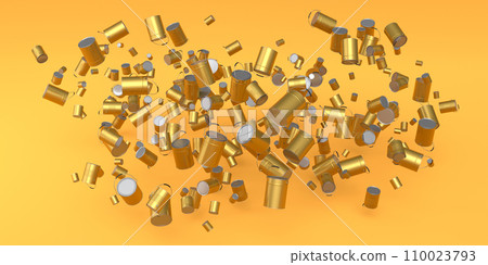 Many of flying metal cans or buckets on yellow background. Many of flying metal cans or buckets on yellow background. 110023793