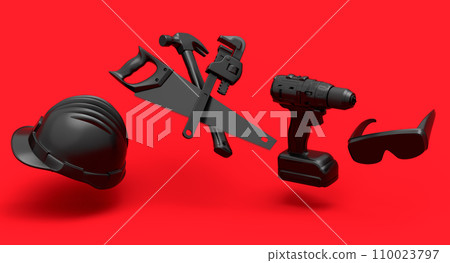 Flying view of monochrome construction tools for repair on red background 110023797