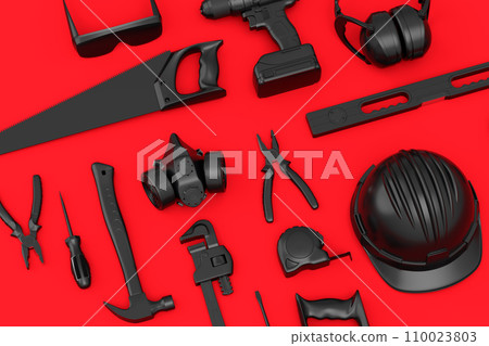 Top view of monochrome construction tools for repair on red background 110023803