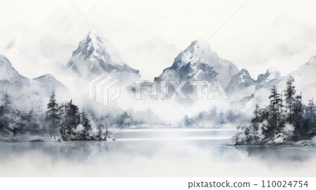 描繪高山和峽灣海岸的水墨畫風格風景：人工智慧作品 110024754