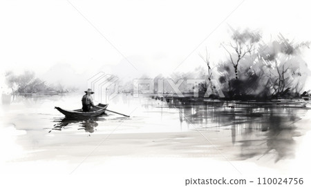 一幅水墨畫風格的風景畫，描繪了一個人在河岸上的小船上釣魚：人工智慧