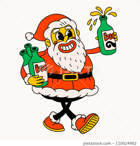 Drunk Santa Claus. Groovy vintage funny Santa character drinking alcohol. 110024902