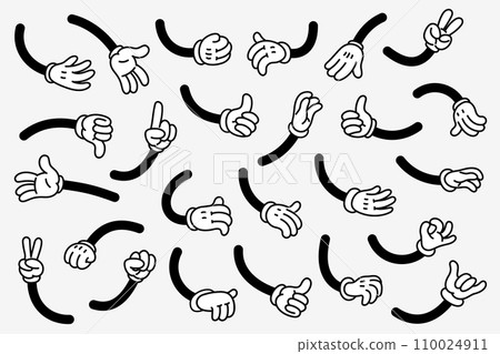 Retro style cartoon Hands. Groovy vintage 30s characters hands with various gestures 110024911