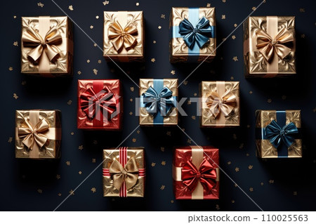Many gift boxes with bows on dark table. Top view, flat lay. Many gift boxes with bows on dark table. Top view, flat lay. 110025563