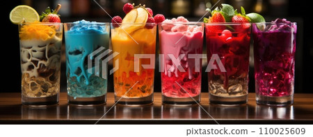 Assortment fresh rainbow cocktails on the bar counter Assortment fresh rainbow cocktails on the bar counter 110025609