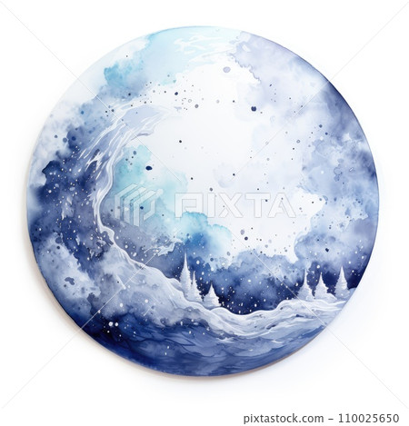 Circle watercolor illustration of winter landscape with fir trees Circle watercolor illustration of winter landscape with fir trees 110025650