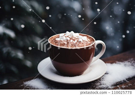 hot chocolate cup in winter with snow 110025778