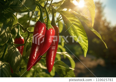 Red pepper grow in the vegetable garden in sunny day Red pepper grow in the vegetable garden in sunny day 110025781