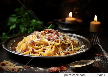 Delicious pasta carbonara with bacon in plate on dark background. Delicious pasta carbonara with bacon in plate on dark background. 110025841