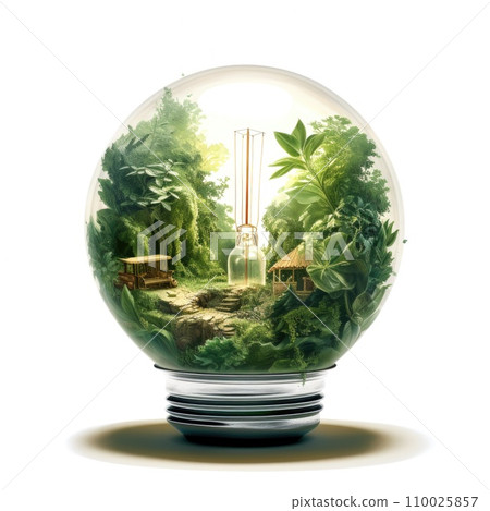 Eco friendly light bulb with fresh green leaves on white background. 110025857