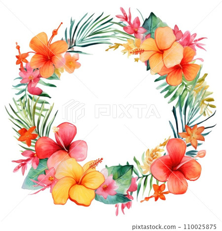 Circle frame of watercolor tropical flowers and leaves on white background. Circle frame of watercolor tropical flowers and leaves on white background. 110025875