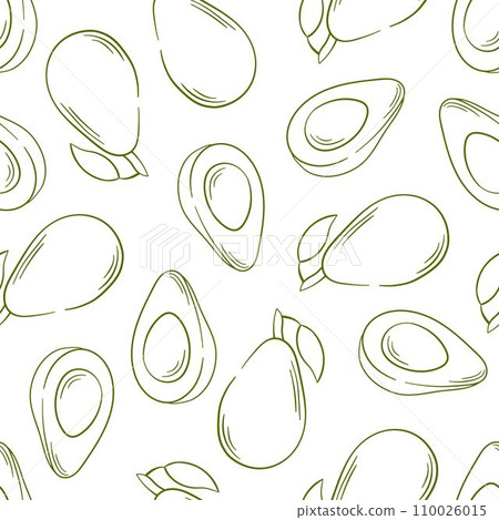 Avocado seamless pattern in line art style. Monochrome hand drawn design for package, textile, food shop, menu. Vector illustration on a white background. 110026015