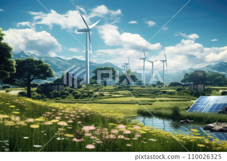 Solar panels and windmill generating electricity in power station. Green energy in nature Solar panels and windmill generating electricity in power station. Green energy in nature 110026325