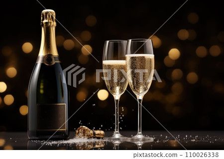 Dark festive glass and bottle of champagne on bokeh background Dark festive glass and bottle of champagne on bokeh background 110026338