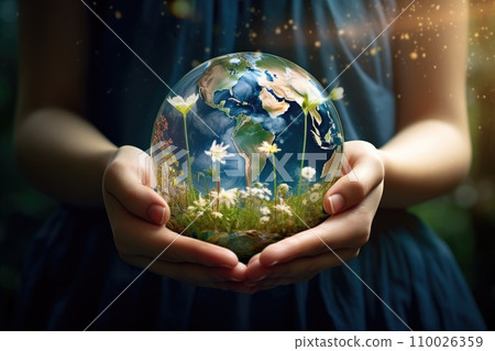Earth crystal glass globe ball and tree in hands. 110026359