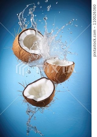 coconut with splashes fly in the air on blue pastel background. 110026360