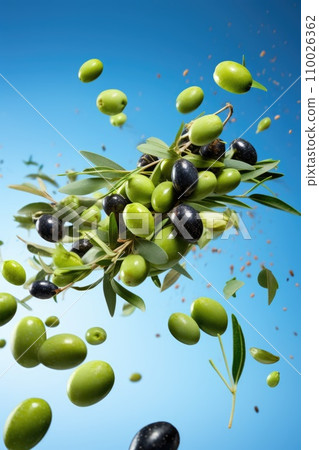 green and black olives fly in the air on blue pastel background. 110026362