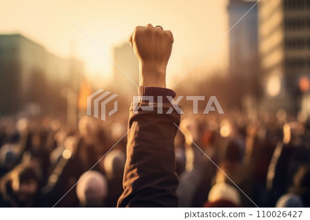 A raised fist of a protestor. large group of protesters. Generative AI 110026427
